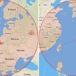 Досягаемость БРСД радиусом действия 1500 км в Восточной Европе и с Окинавы