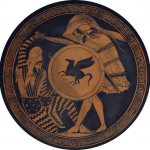 Греческий гоплит (стоящий) использует копис против персидского воина. Изображение с амфоры, 5 в. до н.э., Национальный Археологический Музей в Афинах