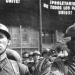 Red Army soldiers of the 1st Moscow Proletarian Rifle Division at the parade on May 1, 1938, wearing Adrian helmets.