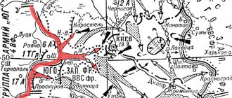 The directions of German attacks in the first phase of the Kyiv defensive operation of 1941 are indicated in red.