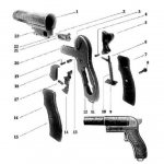 General view, parts and assemblies of the 26-mm signal pistol SPS model 1944.