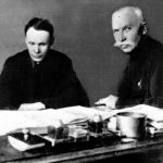 Sergei Simonov and Fedor Tokarev study the results of tests of their automatic rifles, Izhevsk, 1930s
